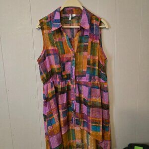 Cato Colorful Shirt Dress L Y2K Sleevless Button Up Textured Semi Sheer Beach